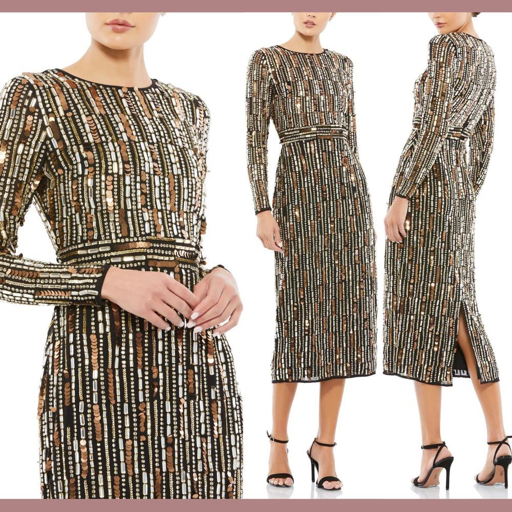 NWT‎ Mac Duggal [ 8 ] 93590 Embellished High Neck Long Sleeve Dress Gold